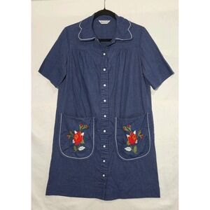 VTG Models Coat 60's House Dress Chambray Snap Front Embroidered Pockets Medium